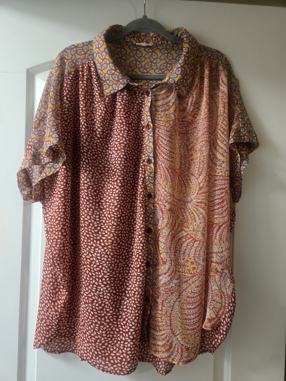 JODIFL Mixed Print Button-Up Blouse in Rust, Yellow, Blue